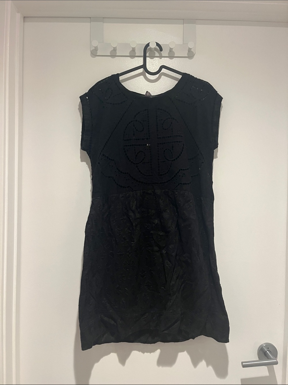 Black Embroidered Mini Dress with Cap Sleeves